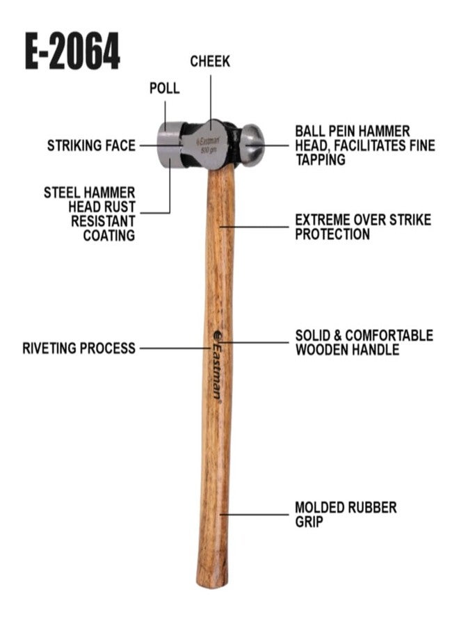 Eastman Ball Pein Hammers - American Type, 500 Gms, Drop Forged Steel with Seasoned Wood Handle Fitting For Home Industrial & Professional Use (E-2064) - Image 3